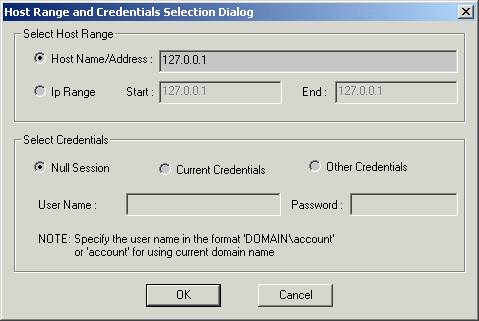 Host Range and Credentials Selection Dialog