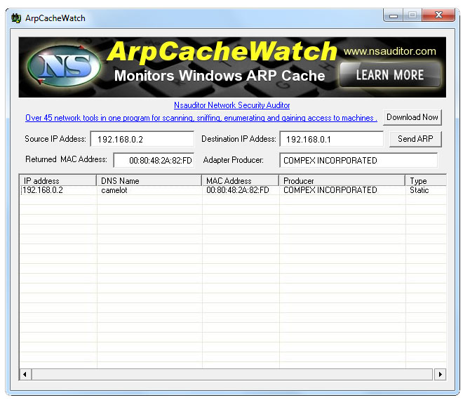 ArpCacheWatch monitors Windows ARP cache and allows to send an ARP request.