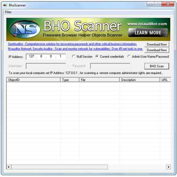 BHO Scanner gives you a quick look at the Browser Helper Objects installed on PC
