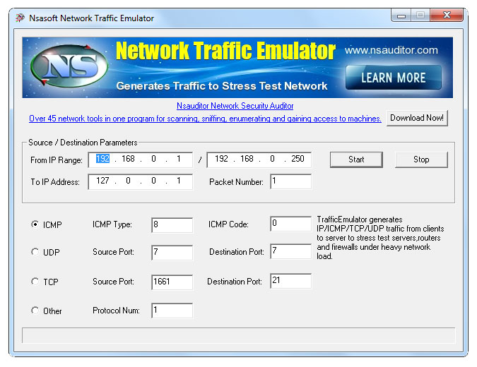 Network Traffic Emulator generates traffic to stress test routers, firewalls.
