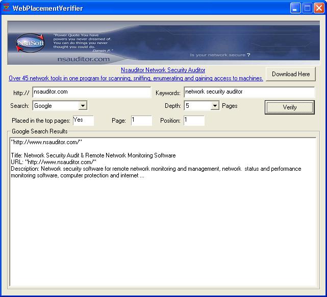 Screenshot of WebPlacementVerifier 1.0