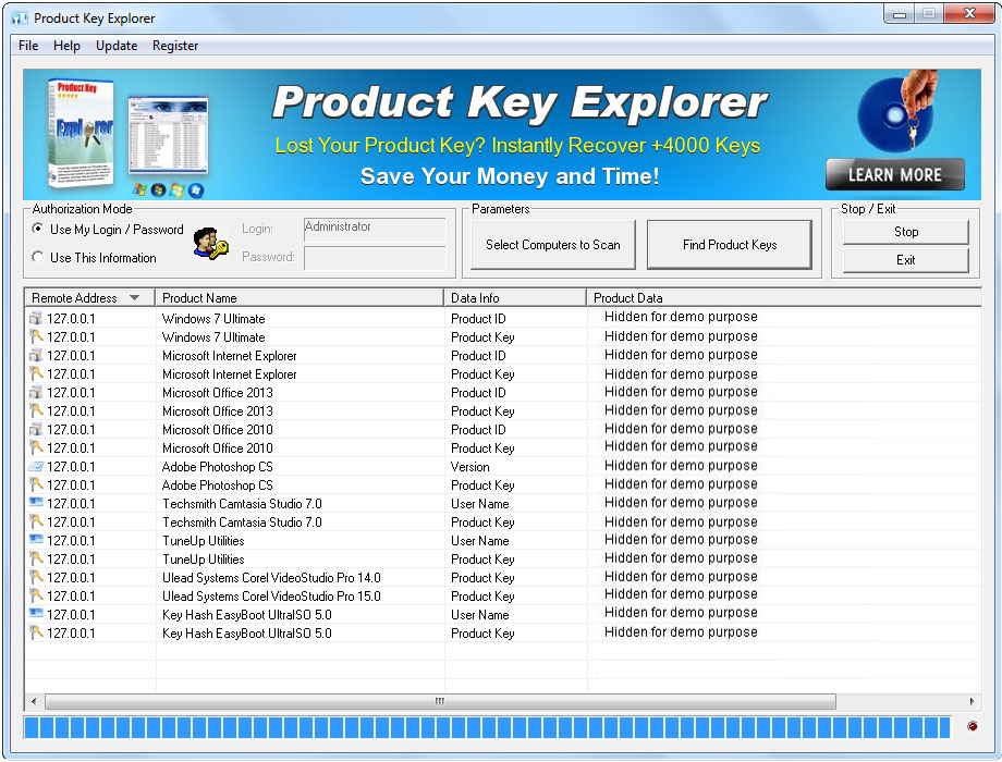 Product Key Explorer recovers product keys from local or network computers.