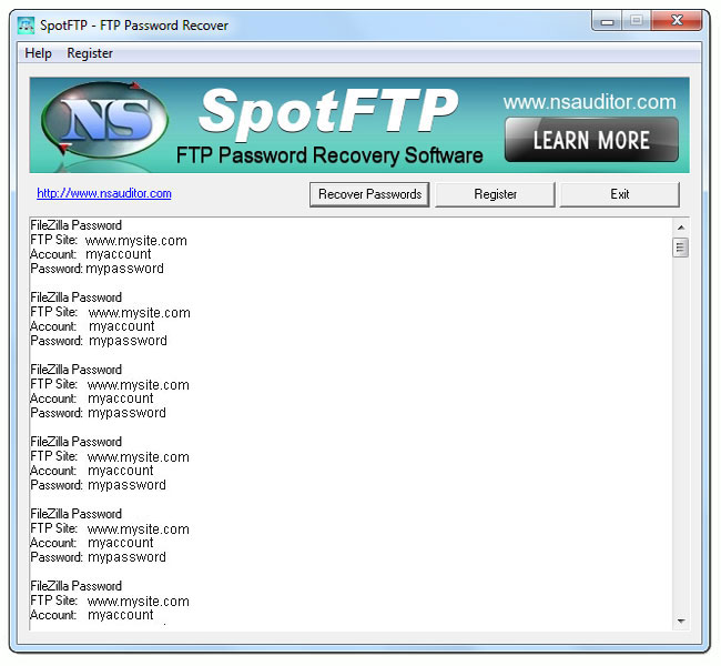 Screenshot of SpotFTP Password Recover