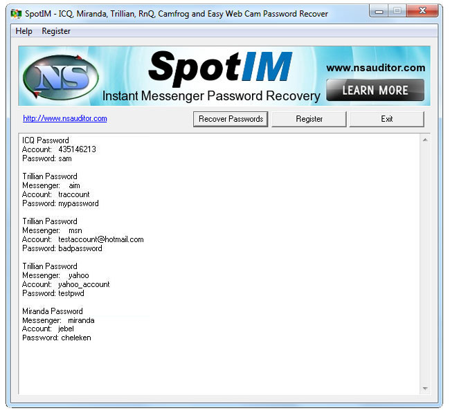 SpotIM recovers ICQ,Trillian,Miranda,Camfrog and RnQ instant messenger passwords