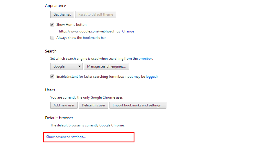Google Chrome Show Advanced Settings