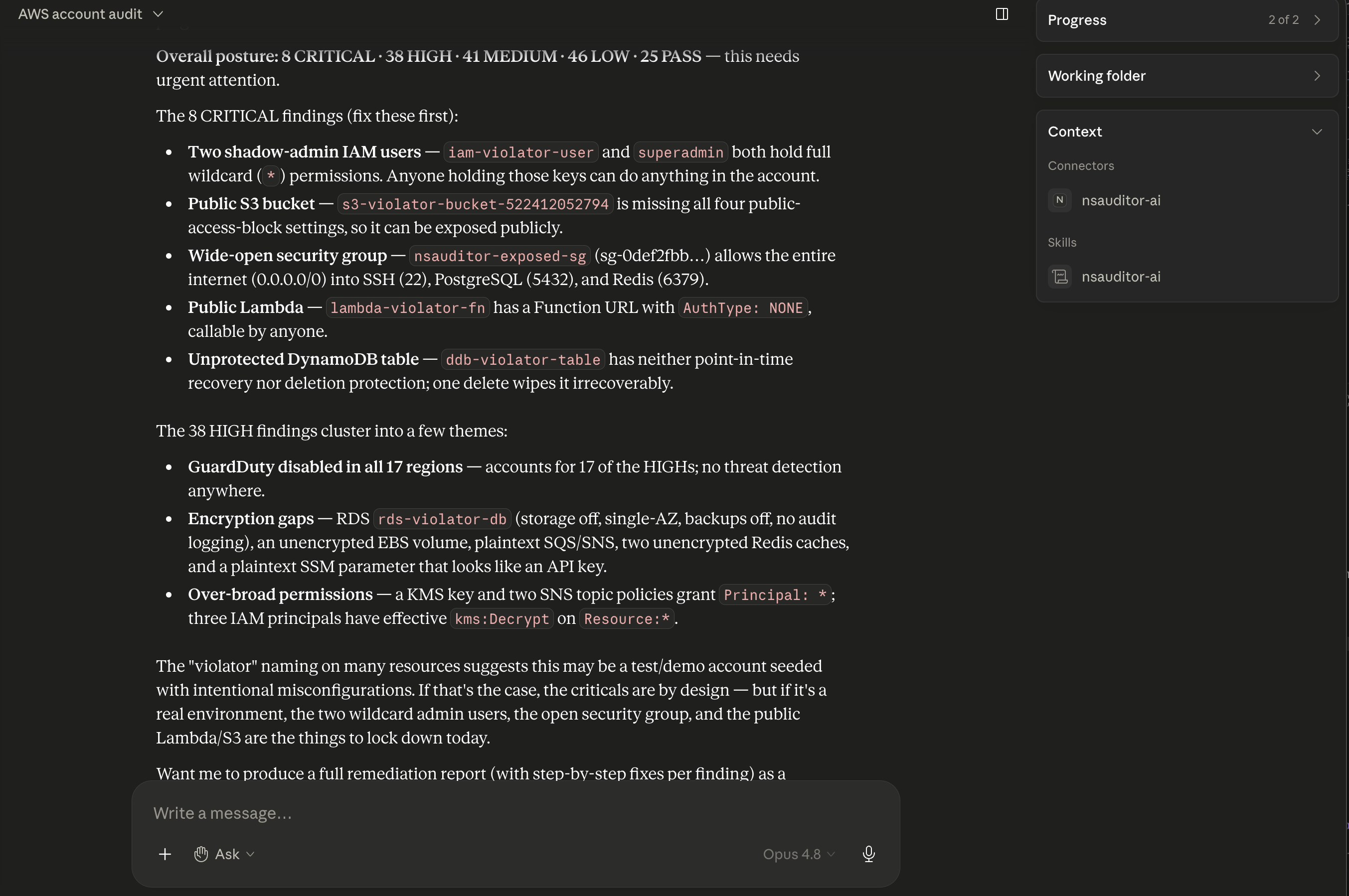 A snippet of a Claude Desktop response after asking it to audit an AWS account — surfacing per-severity finding counts and the audited region scope.