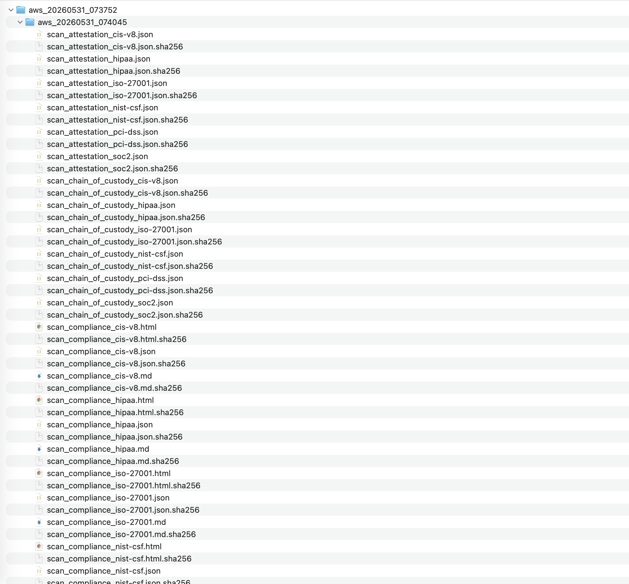 A directory listing of the signed audit-evidence output files NSAuditor AI EE writes per scan — per-framework reports plus RFC 3161 timestamps and SHA-256 chain-of-custody sidecars.
