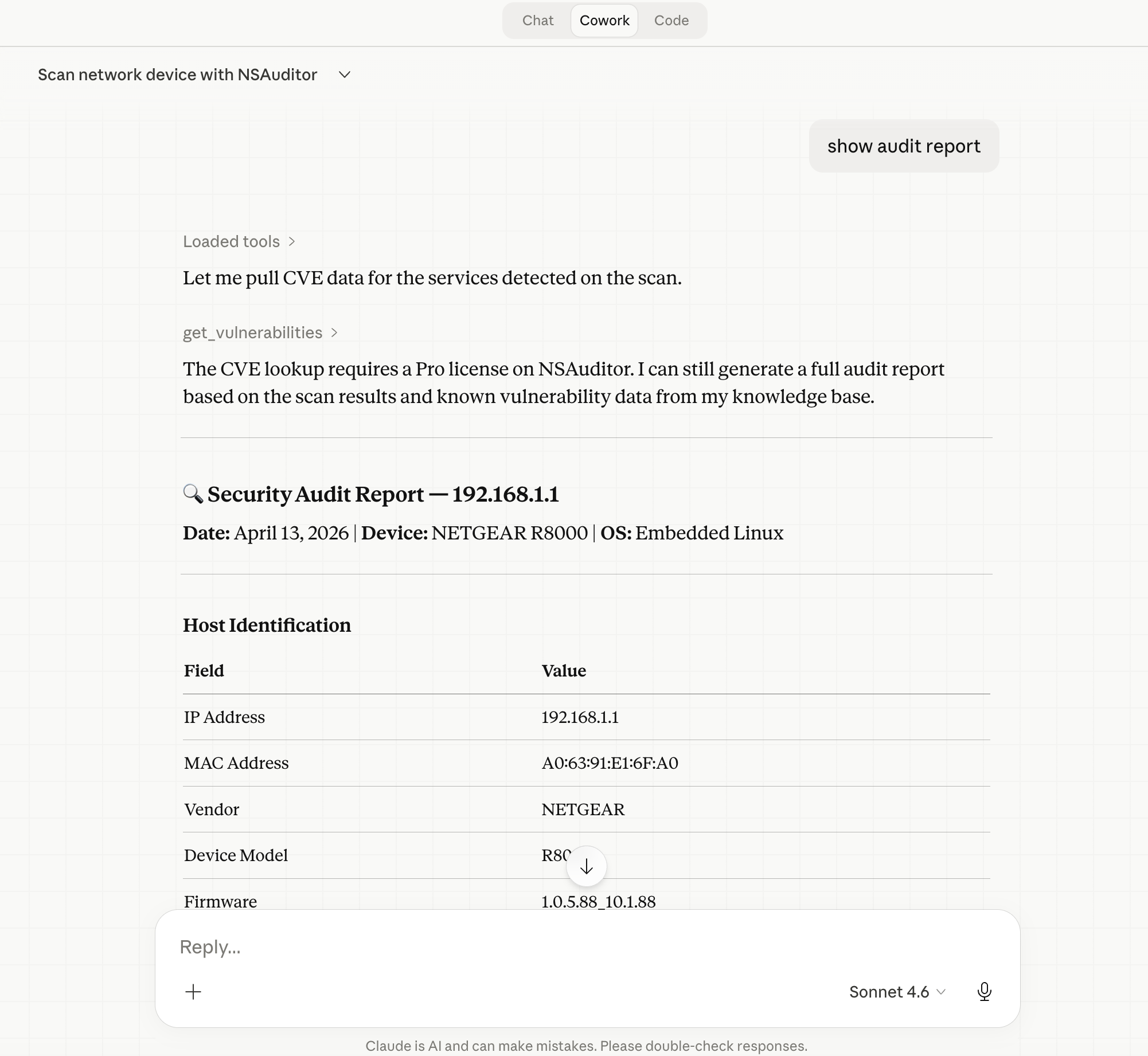 Nsauditor AI full host scan results in Claude Desktop