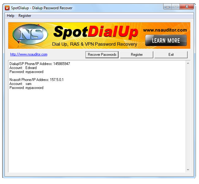 SpotDialup Восстанавливает Dial Up, RAS и VPN паролей