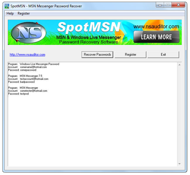 Le Messager de MSN et Windows Vivent le logiciel de Récupération de Mot de passe Messeger!